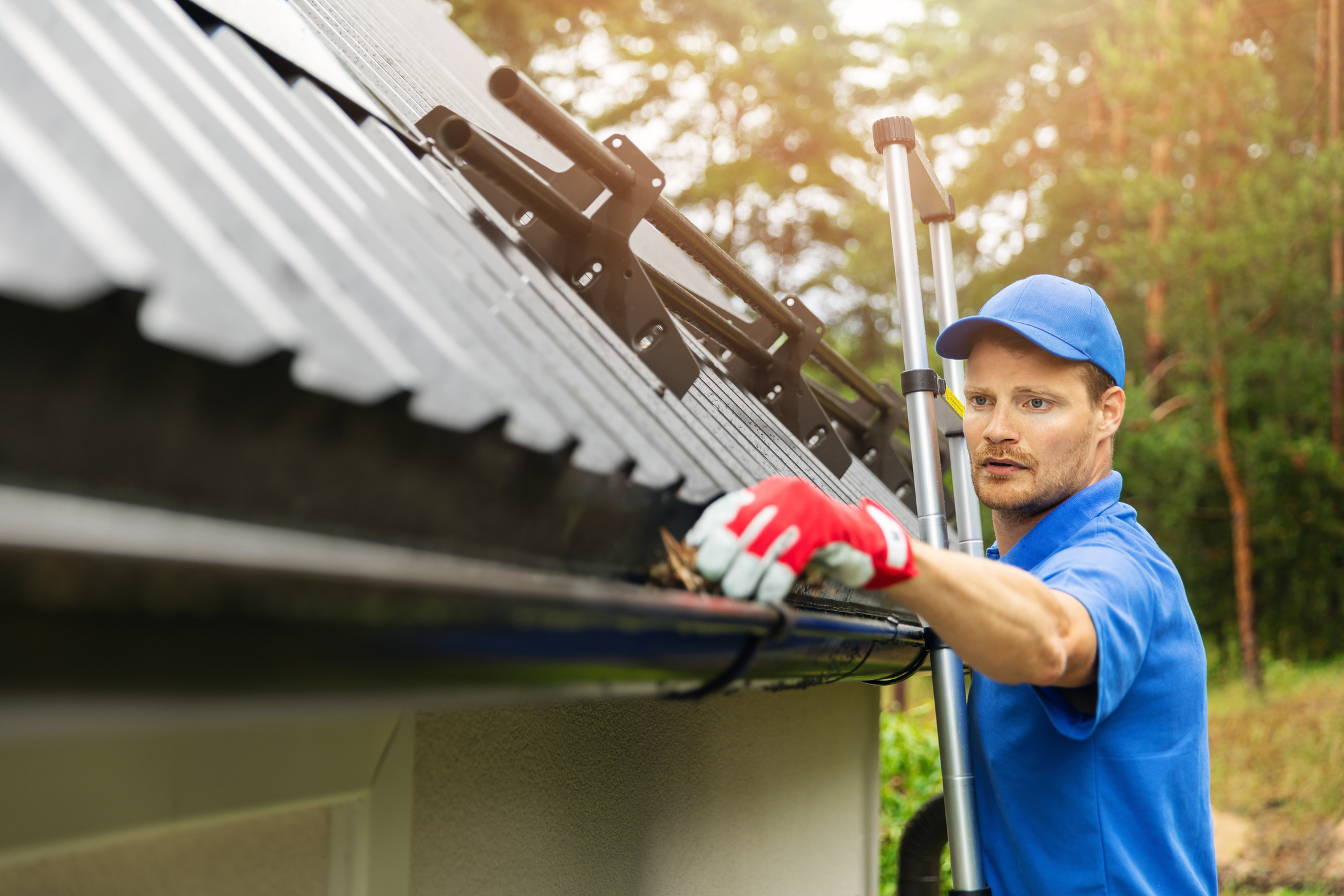 worker cleaning house gutter from leaves and dirt worker cleaning house gutter from leaves and dirt